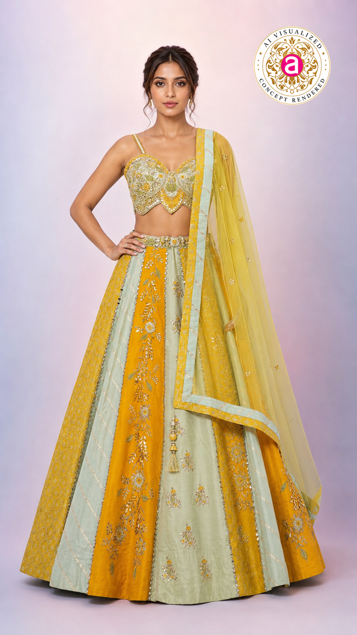 Mustard Yellow & Mint Green Designer Lehenga Choli with Embroidered Panels and Net Dupatta