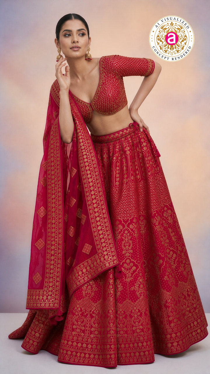 Red & Gold Banarasi Designer Lehenga Choli with Woven Dupatta