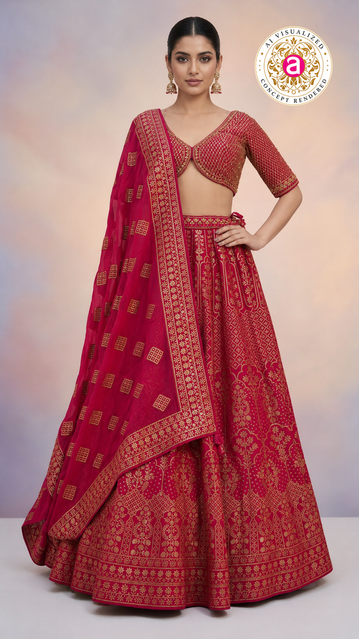 Red & Gold Banarasi Designer Lehenga Choli with Woven Dupatta