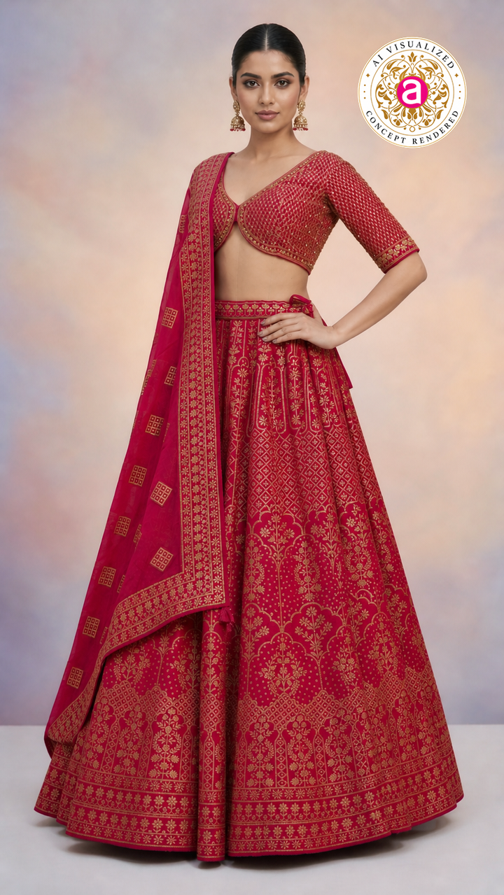 Red & Gold Banarasi Designer Lehenga Choli with Woven Dupatta