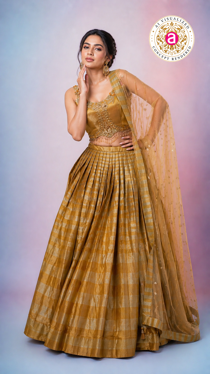 Antique Gold Silk Lehenga Choli with Embellished Blouse & Sheer Dupatta