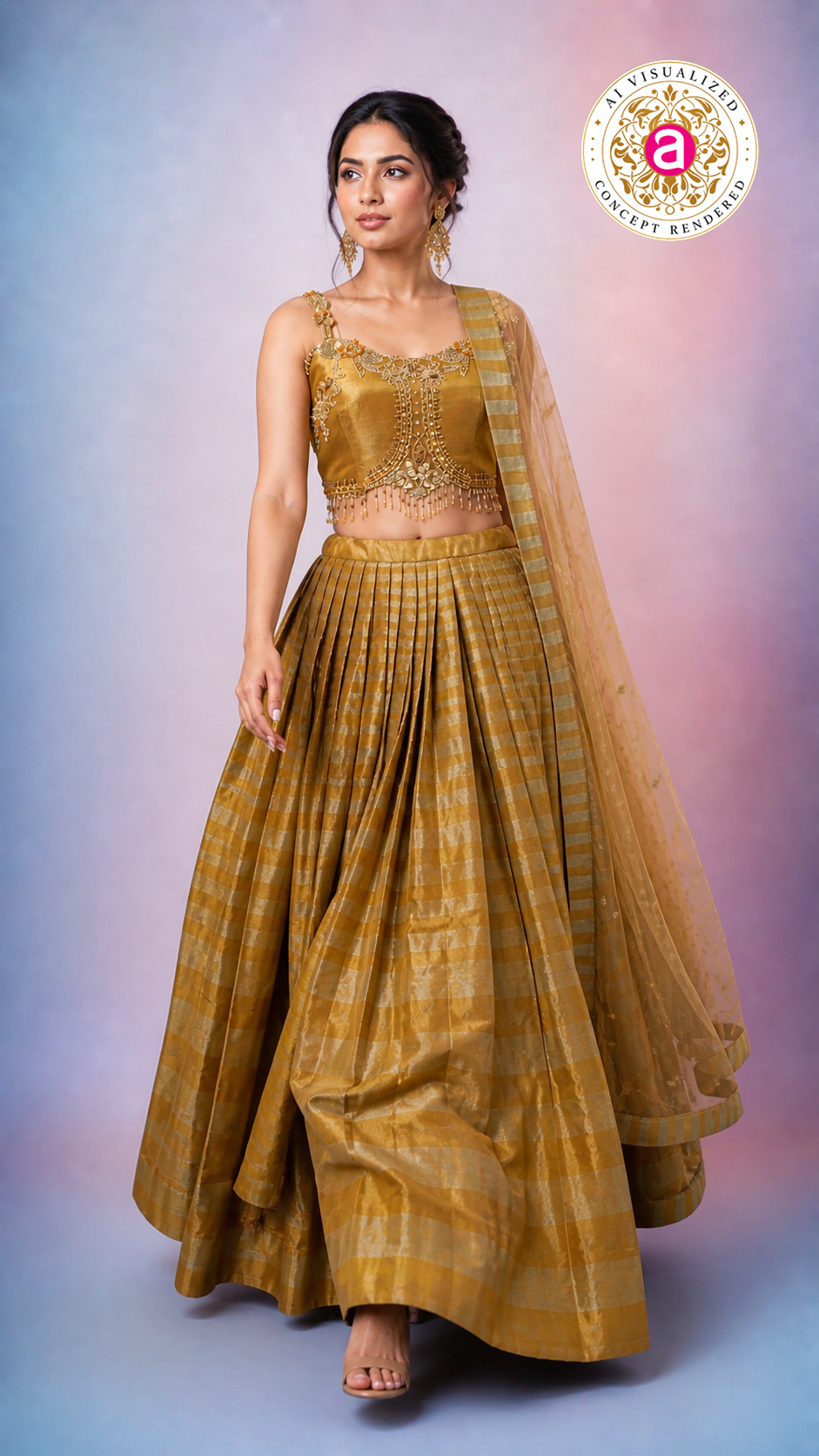 Antique Gold Silk Lehenga Choli with Embellished Blouse & Sheer Dupatta