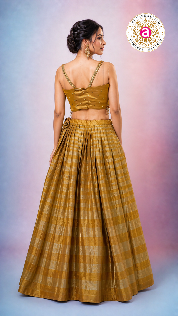 Antique Gold Silk Lehenga Choli with Embellished Blouse & Sheer Dupatta