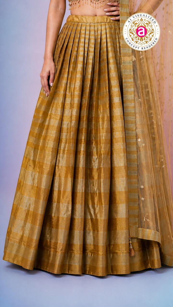 Antique Gold Silk Lehenga Choli with Embellished Blouse & Sheer Dupatta