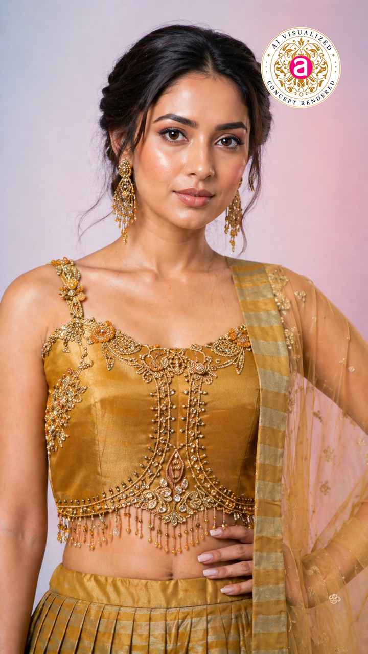 Antique Gold Silk Lehenga Choli with Embellished Blouse & Sheer Dupatta