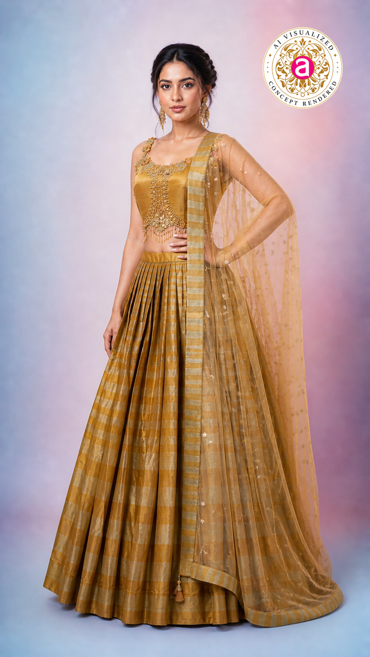 Antique Gold Silk Lehenga Choli with Embellished Blouse & Sheer Dupatta