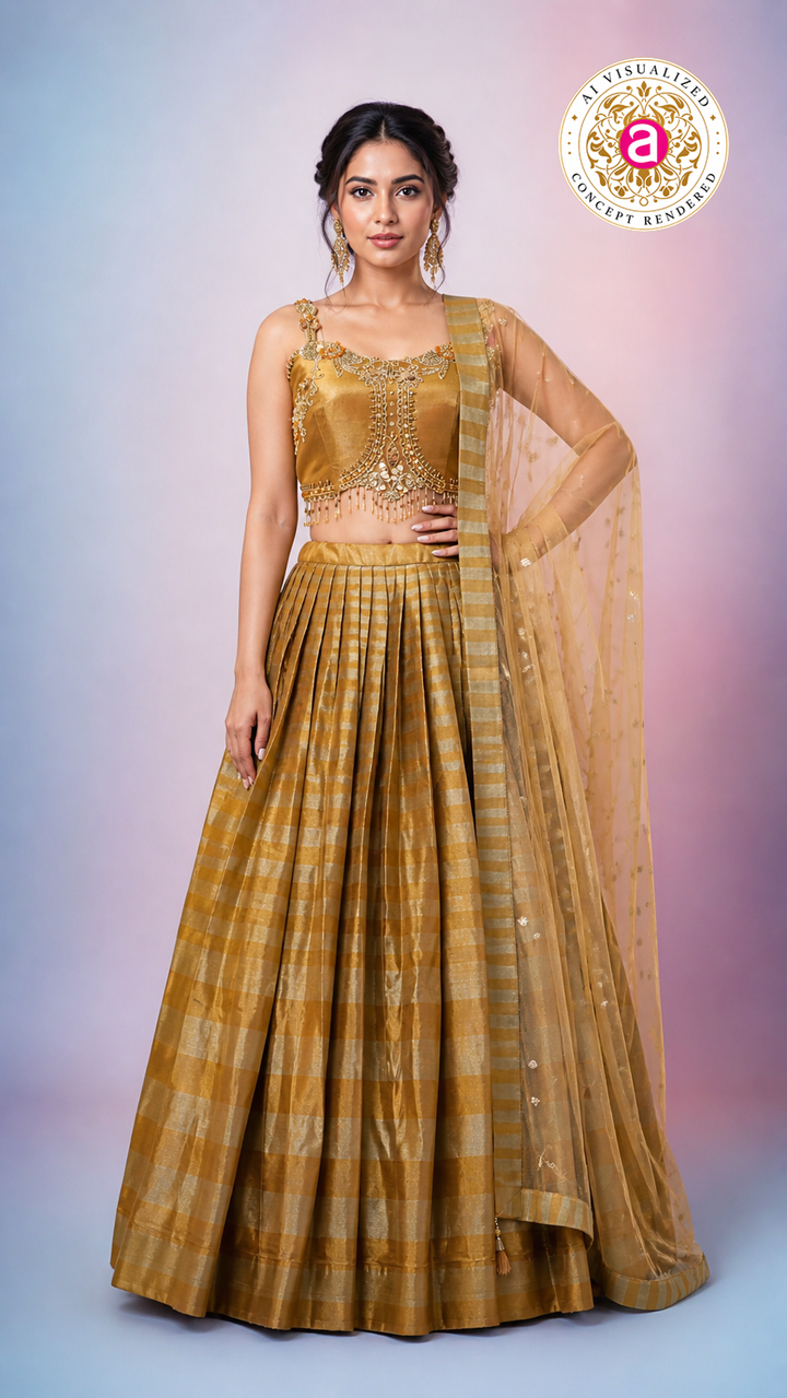 Antique Gold Silk Lehenga Choli with Embellished Blouse & Sheer Dupatta