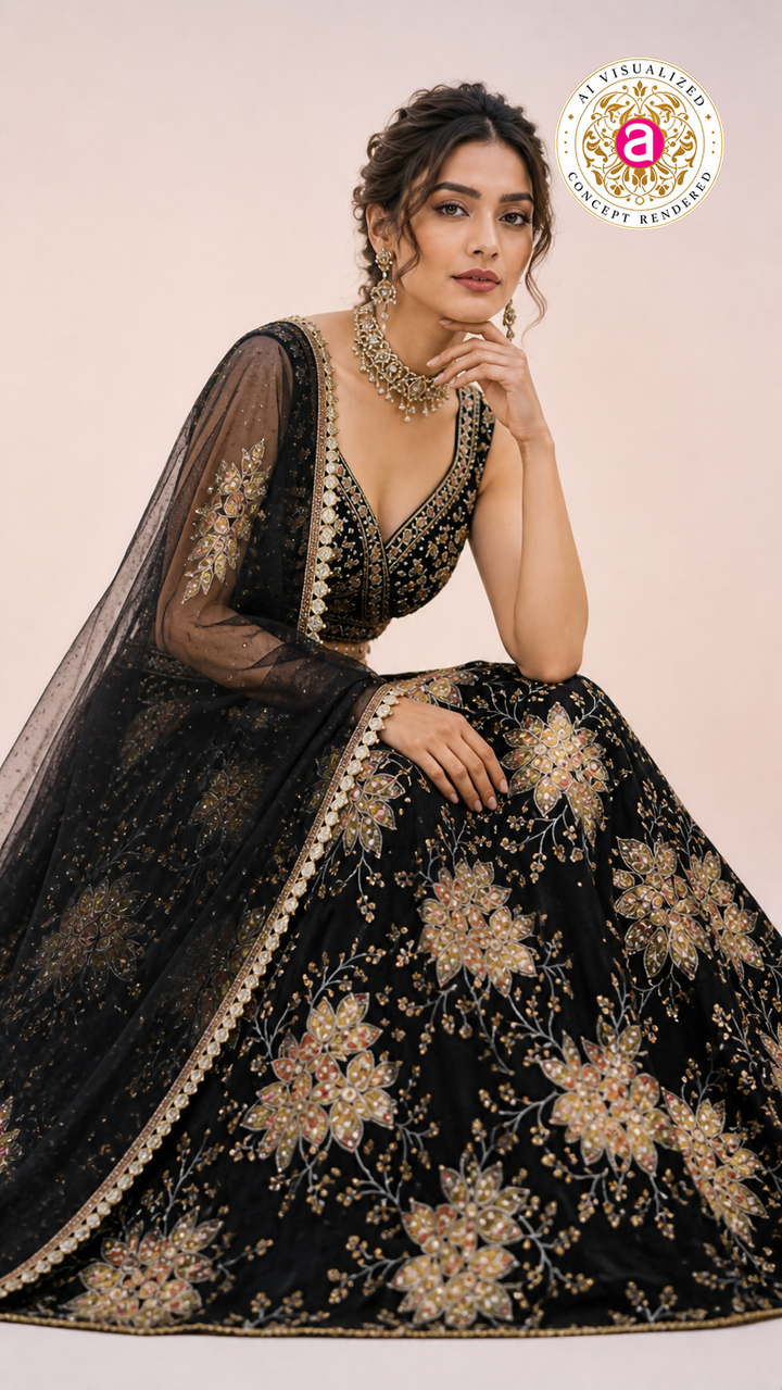 Black Floral Embroidered Lehenga Choli with Designer Blouse & Sheer Net Dupatta