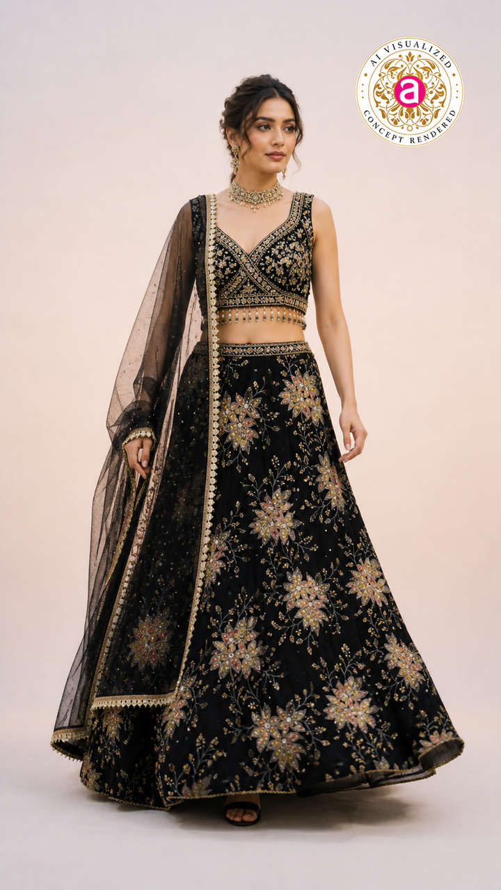 Black Floral Embroidered Lehenga Choli with Designer Blouse & Sheer Net Dupatta