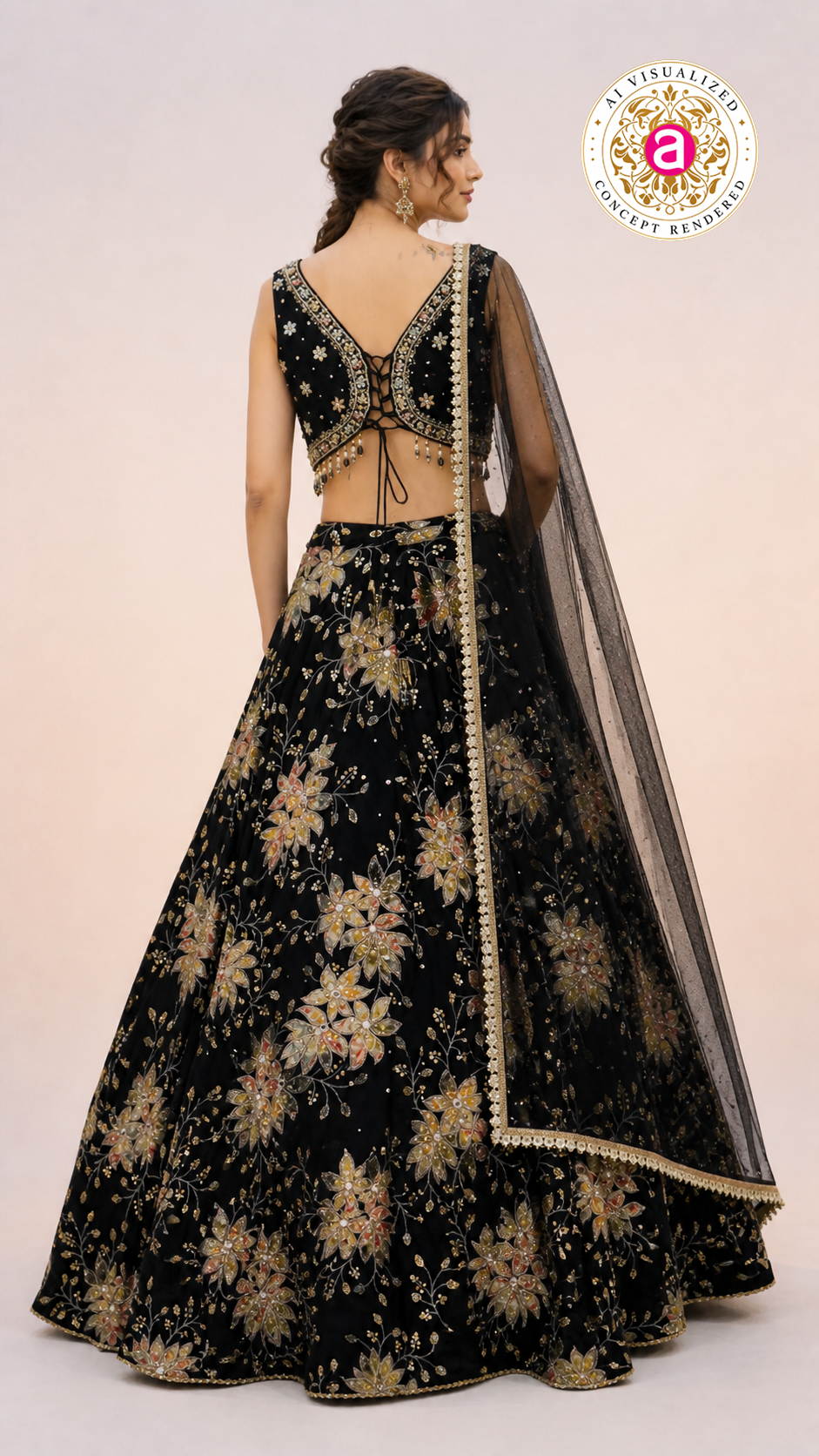 Black Floral Embroidered Lehenga Choli with Designer Blouse & Sheer Net Dupatta