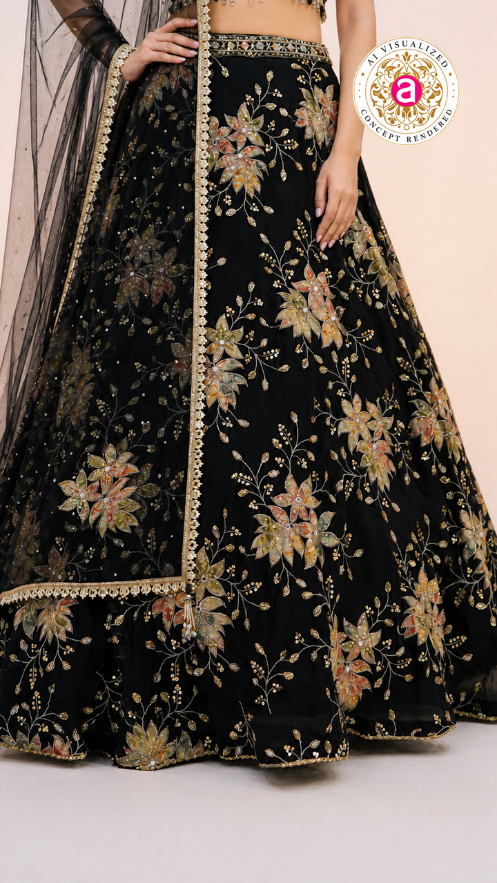 Black Floral Embroidered Lehenga Choli with Designer Blouse & Sheer Net Dupatta