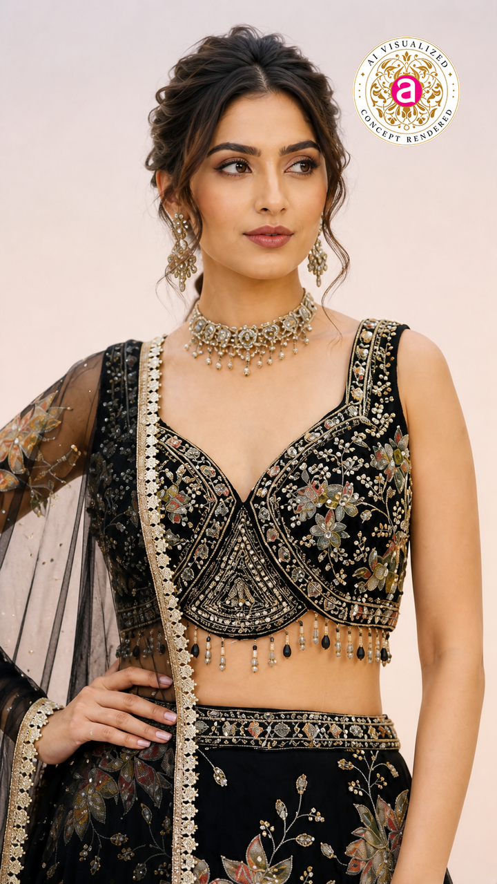 Black Floral Embroidered Lehenga Choli with Designer Blouse & Sheer Net Dupatta
