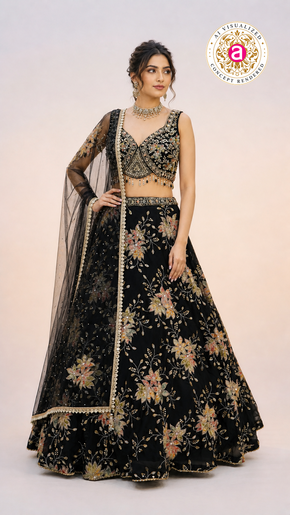 Black Floral Embroidered Lehenga Choli with Designer Blouse & Sheer Net Dupatta