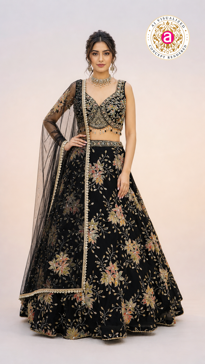 Black Floral Embroidered Lehenga Choli with Designer Blouse & Sheer Net Dupatta