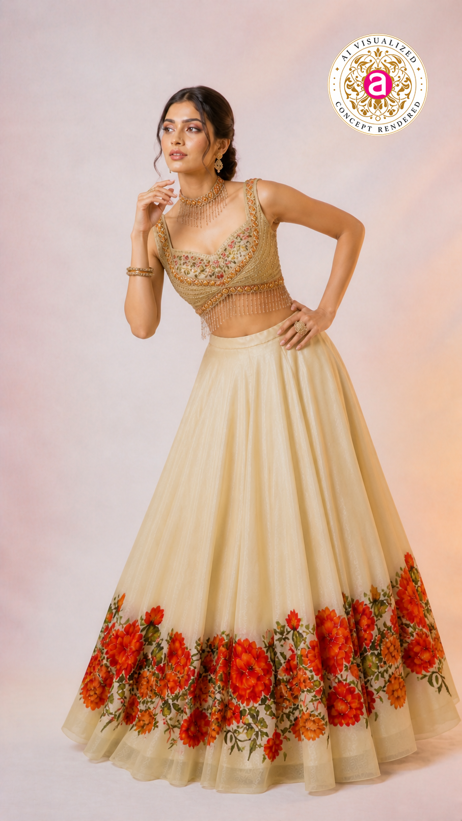 Ivory Floral Printed Lehenga Choli with Embellished Bustier Blouse