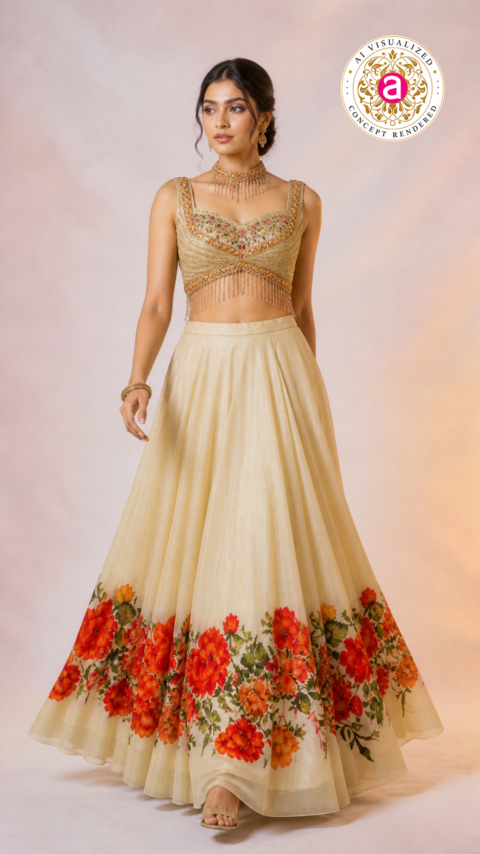 Ivory Floral Printed Lehenga Choli with Embellished Bustier Blouse