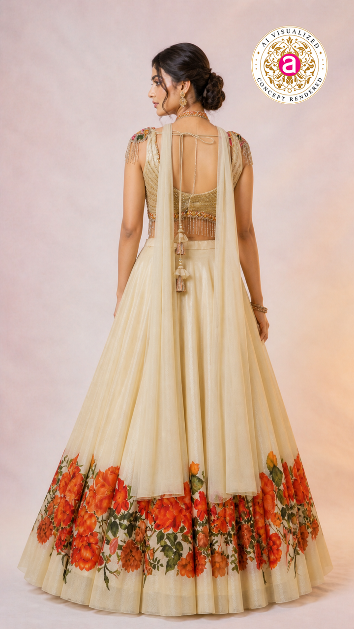 Ivory Floral Printed Lehenga Choli with Embellished Bustier Blouse