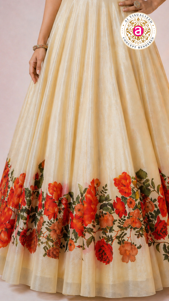 Ivory Floral Printed Lehenga Choli with Embellished Bustier Blouse