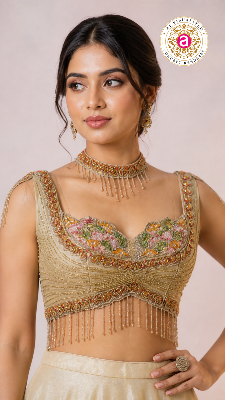 Ivory Floral Printed Lehenga Choli with Embellished Bustier Blouse