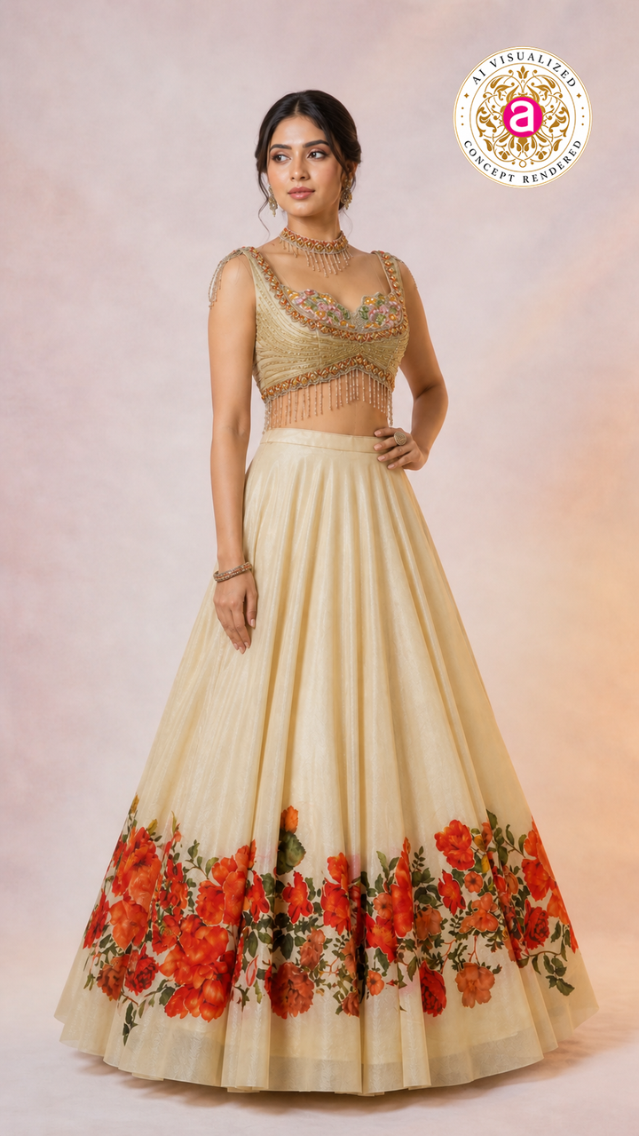 Ivory Floral Printed Lehenga Choli with Embellished Bustier Blouse