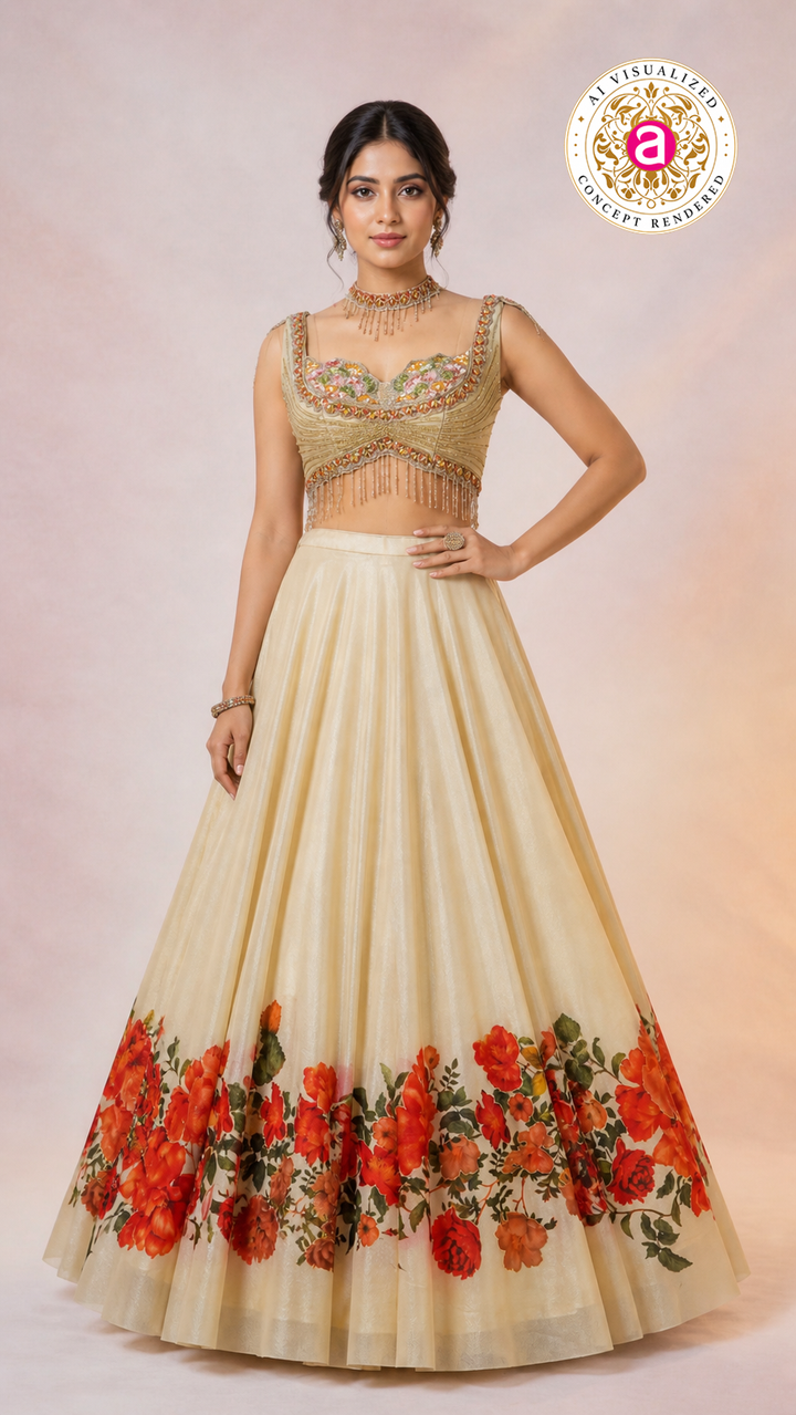 Ivory Floral Printed Lehenga Choli with Embellished Bustier Blouse