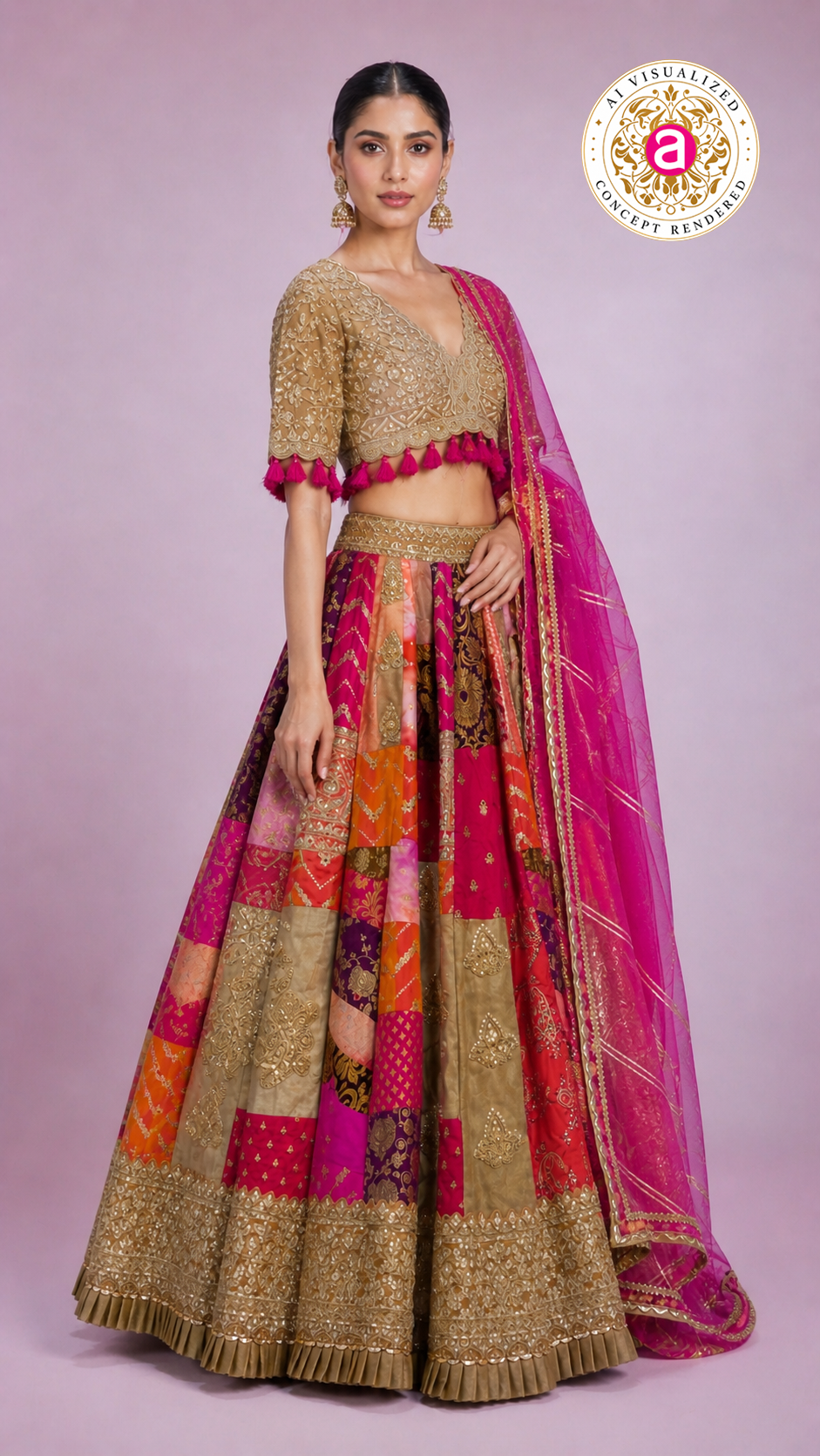 Rani Pink Multicolour Patchwork Designer Lehenga Choli with Gold Embroidered Blouse & Net Dupatta