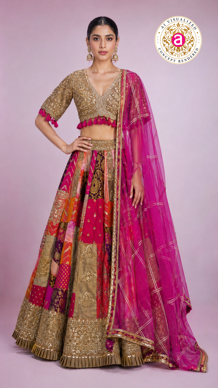 Rani Pink Multicolour Patchwork Designer Lehenga Choli with Gold Embroidered Blouse & Net Dupatta