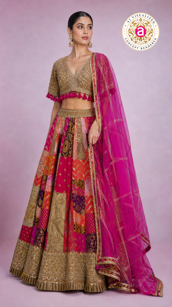 Rani Pink Multicolour Patchwork Designer Lehenga Choli with Gold Embroidered Blouse & Net Dupatta