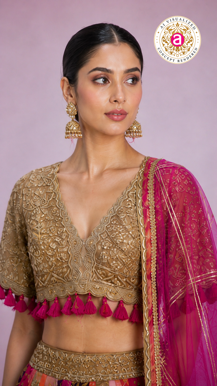 Rani Pink Multicolour Patchwork Designer Lehenga Choli with Gold Embroidered Blouse & Net Dupatta