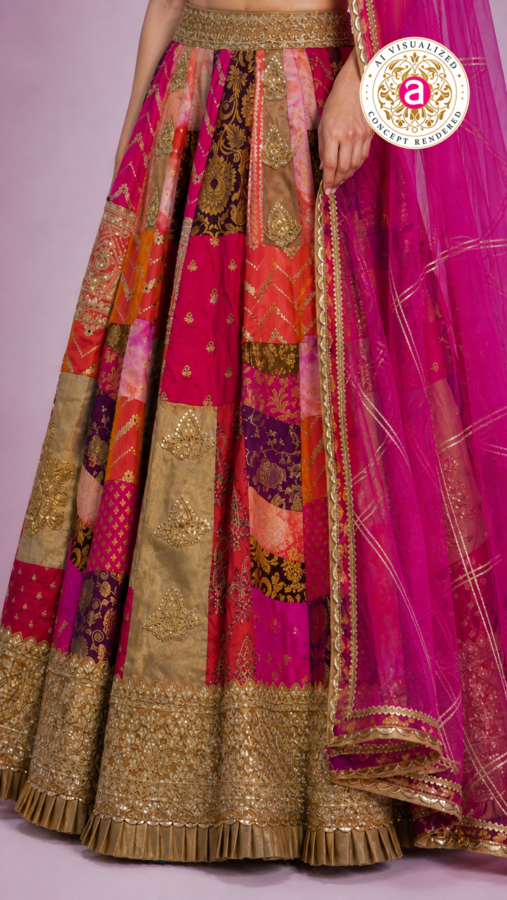 Rani Pink Multicolour Patchwork Designer Lehenga Choli with Gold Embroidered Blouse & Net Dupatta