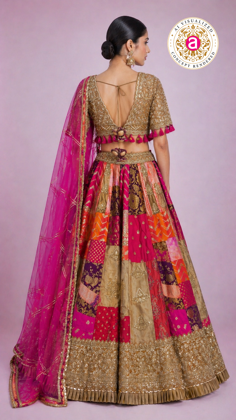 Rani Pink Multicolour Patchwork Designer Lehenga Choli with Gold Embroidered Blouse & Net Dupatta