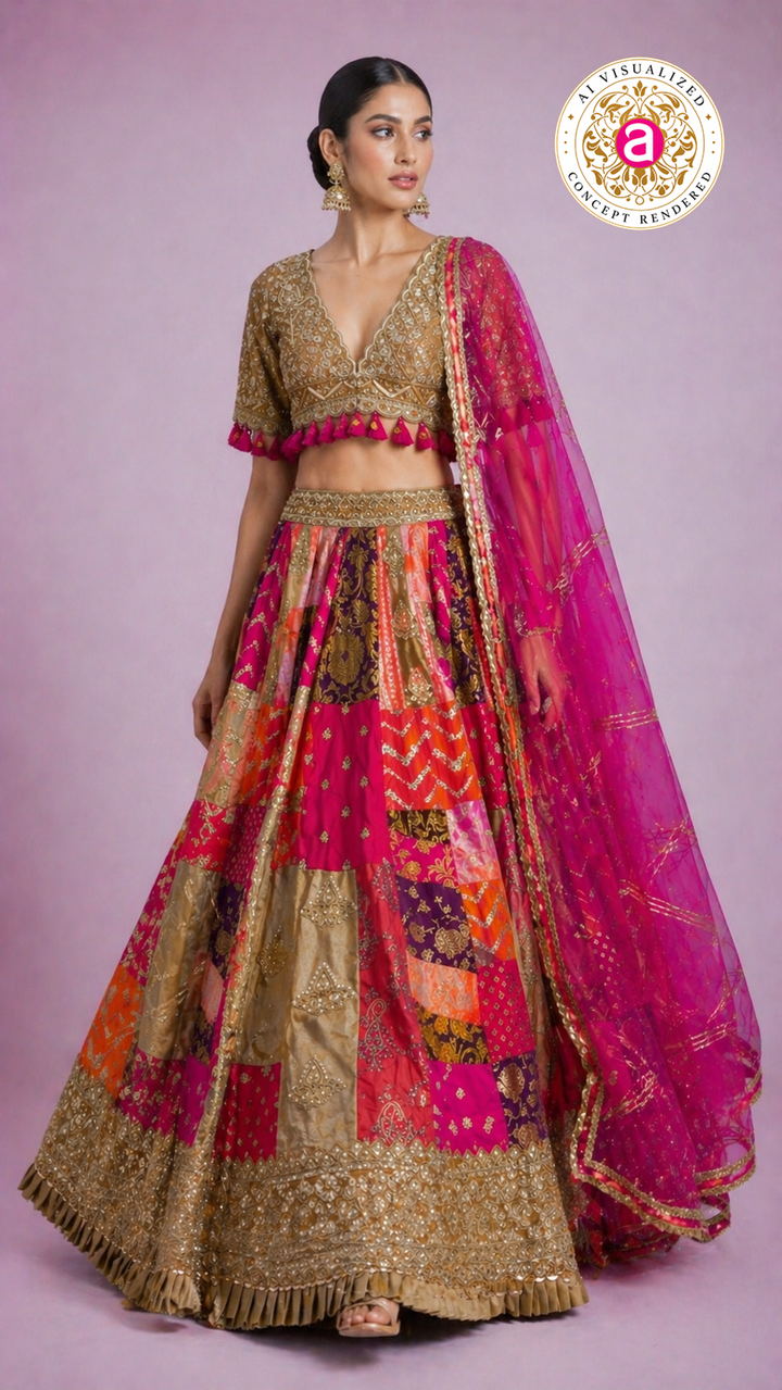 Rani Pink Multicolour Patchwork Designer Lehenga Choli with Gold Embroidered Blouse & Net Dupatta