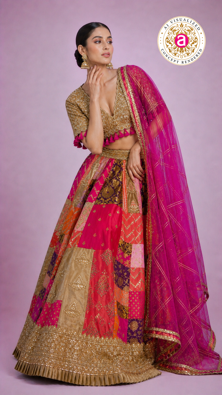 Rani Pink Multicolour Patchwork Designer Lehenga Choli with Gold Embroidered Blouse & Net Dupatta
