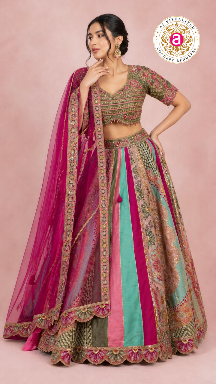 Multicolour Pastel Panelled Designer Lehenga Choli with Embroidered Blouse & Pink Net Dupatta