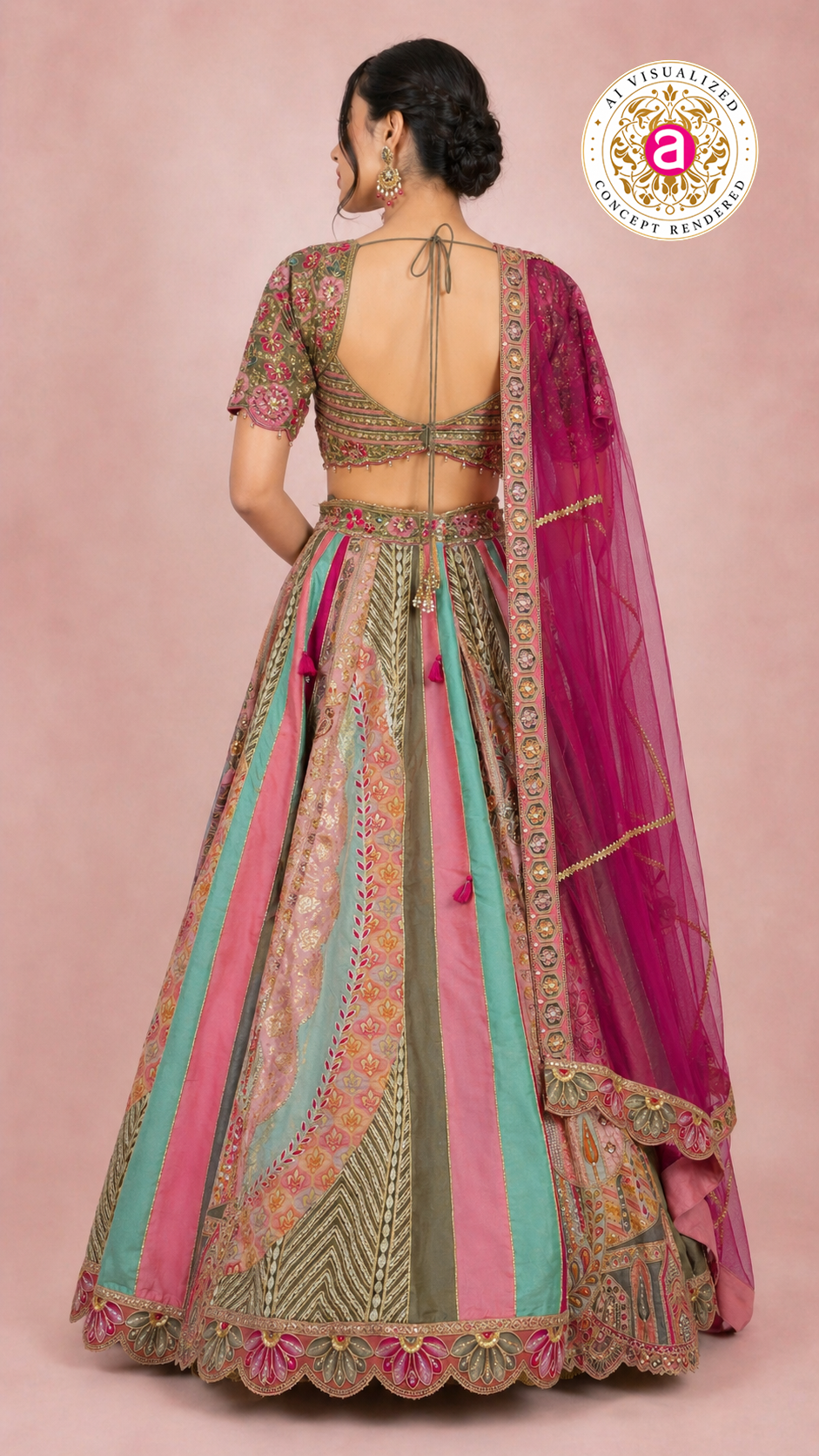 Multicolour Pastel Panelled Designer Lehenga Choli with Embroidered Blouse & Pink Net Dupatta