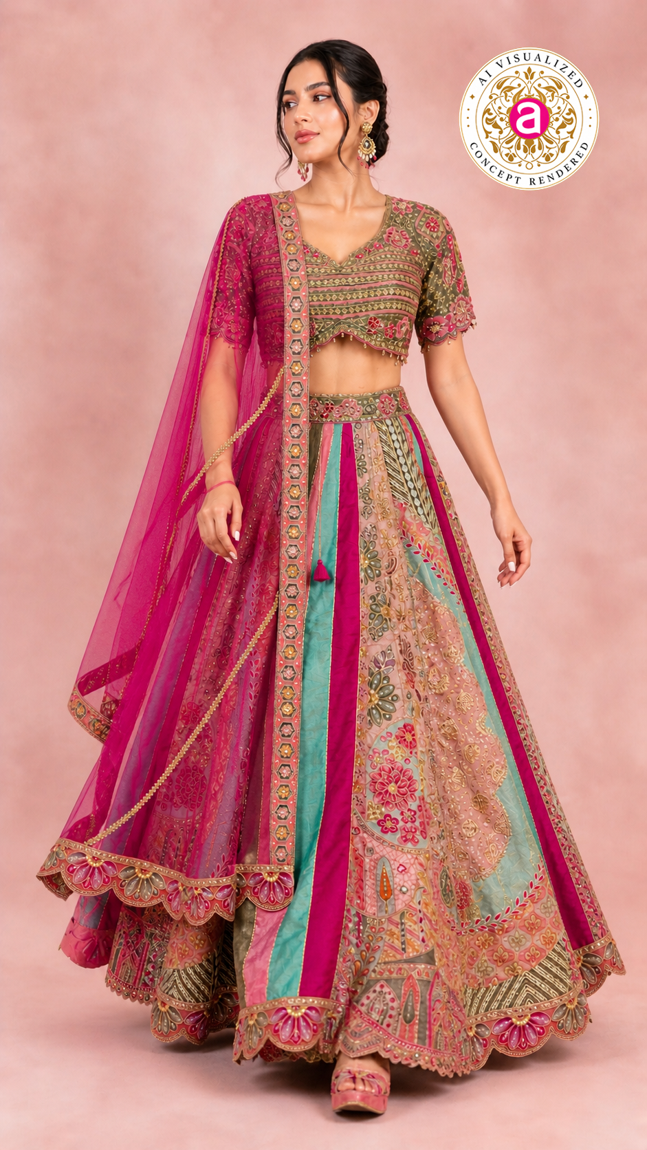 Multicolour Pastel Panelled Designer Lehenga Choli with Embroidered Blouse & Pink Net Dupatta
