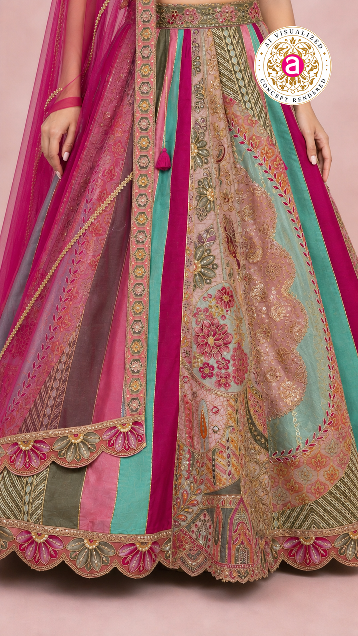 Multicolour Pastel Panelled Designer Lehenga Choli with Embroidered Blouse & Pink Net Dupatta