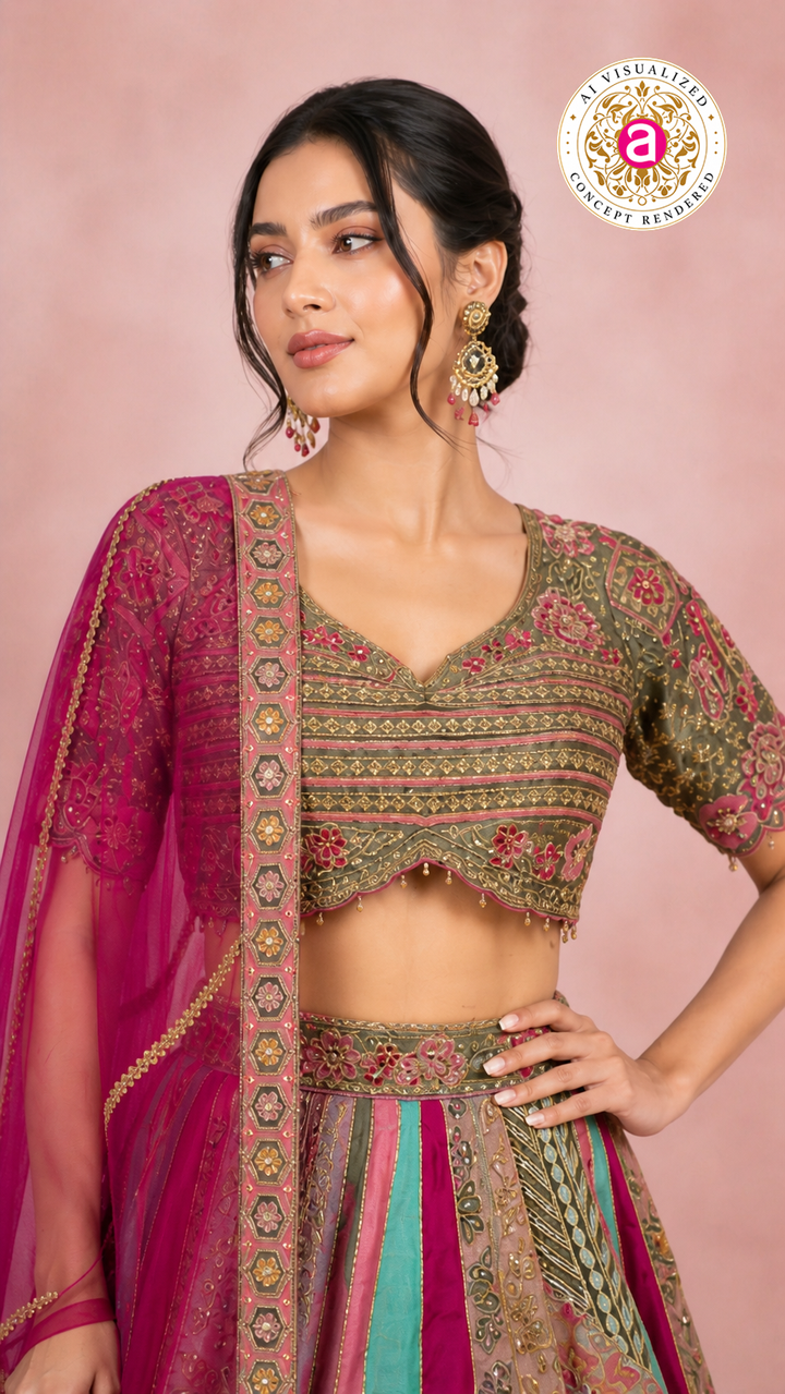 Multicolour Pastel Panelled Designer Lehenga Choli with Embroidered Blouse & Pink Net Dupatta