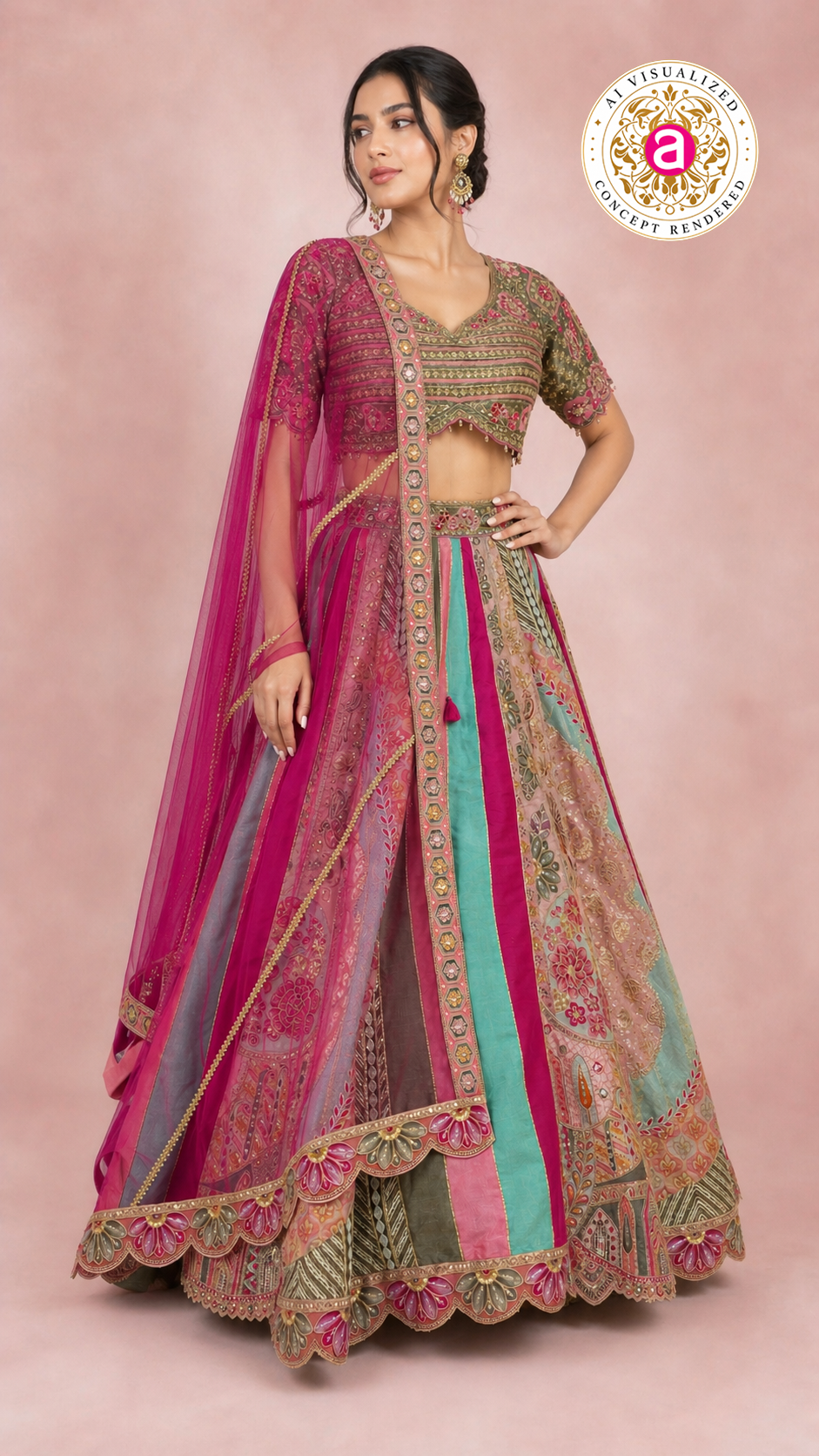 Multicolour Pastel Panelled Designer Lehenga Choli with Embroidered Blouse & Pink Net Dupatta