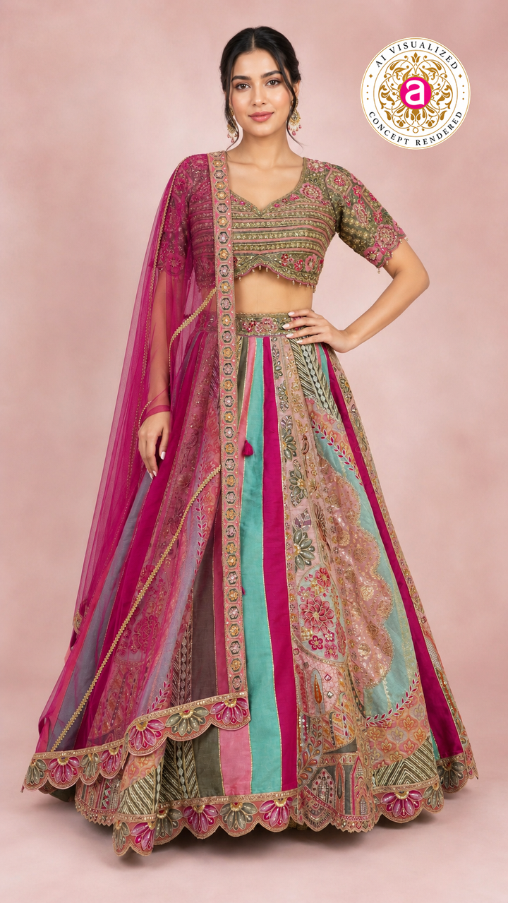 Multicolour Pastel Panelled Designer Lehenga Choli with Embroidered Blouse & Pink Net Dupatta