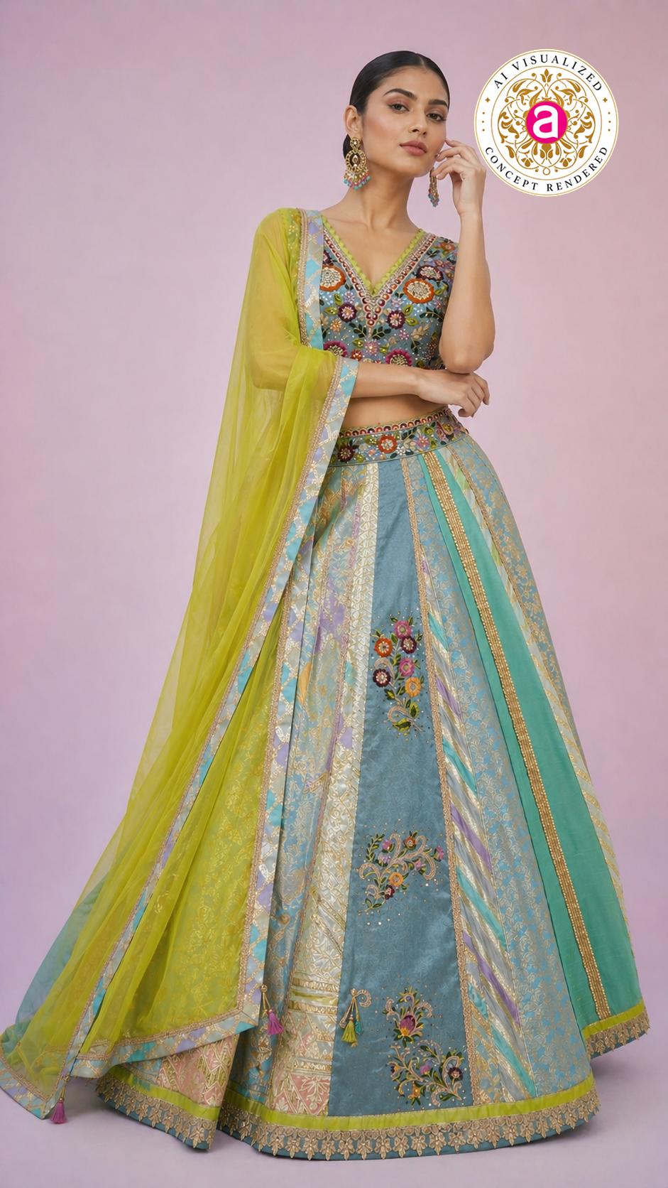 Pastel Blue & Lime Yellow Panelled Designer Lehenga Choli with Embroidered Blouse