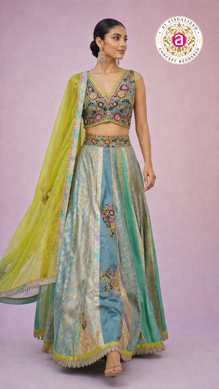 Pastel Blue & Lime Yellow Panelled Designer Lehenga Choli with Embroidered Blouse
