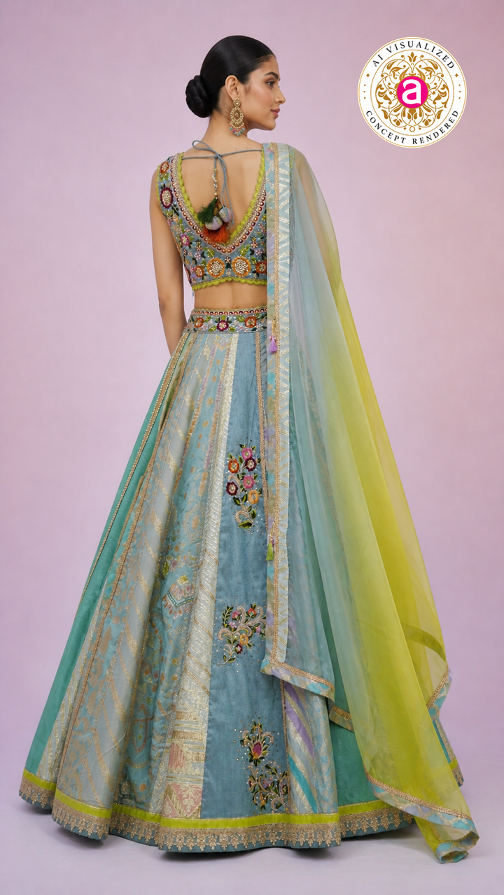 Pastel Blue & Lime Yellow Panelled Designer Lehenga Choli with Embroidered Blouse