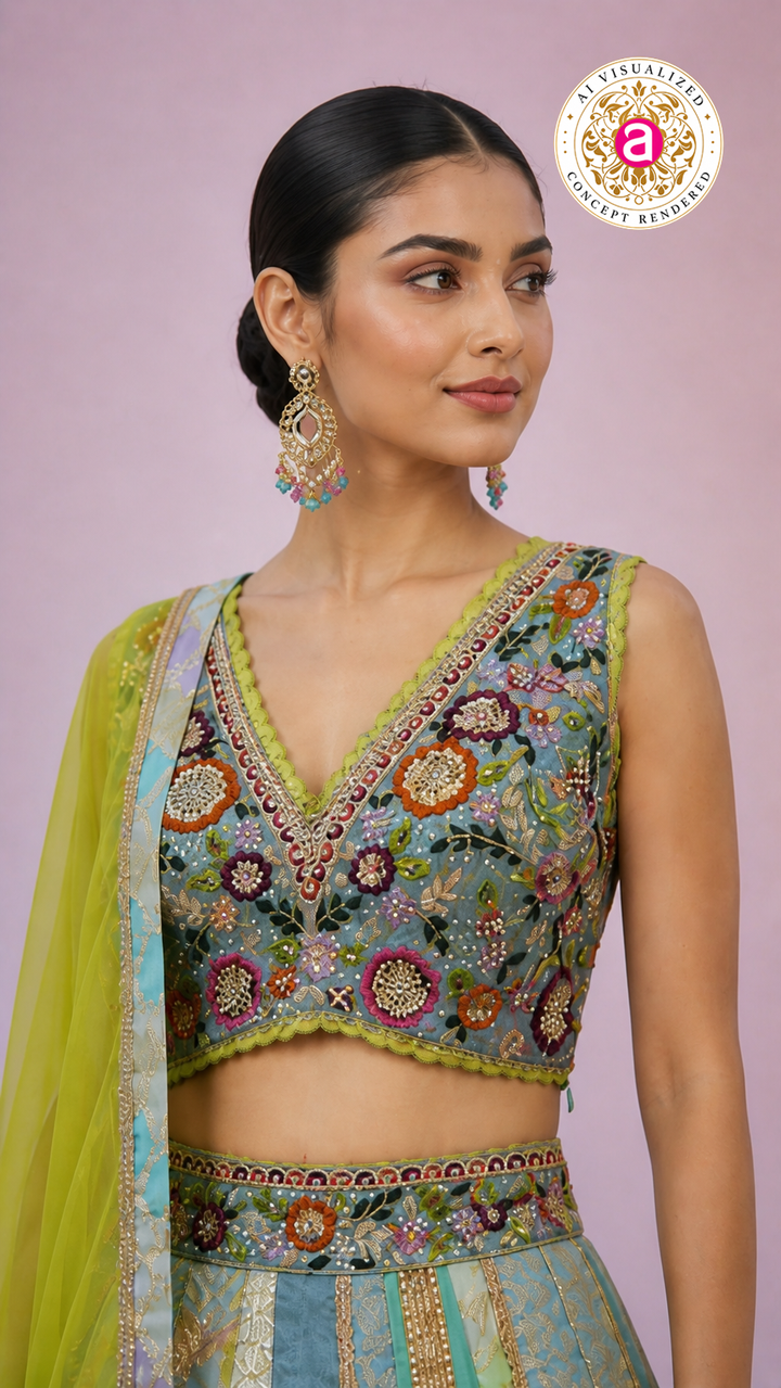 Pastel Blue & Lime Yellow Panelled Designer Lehenga Choli with Embroidered Blouse