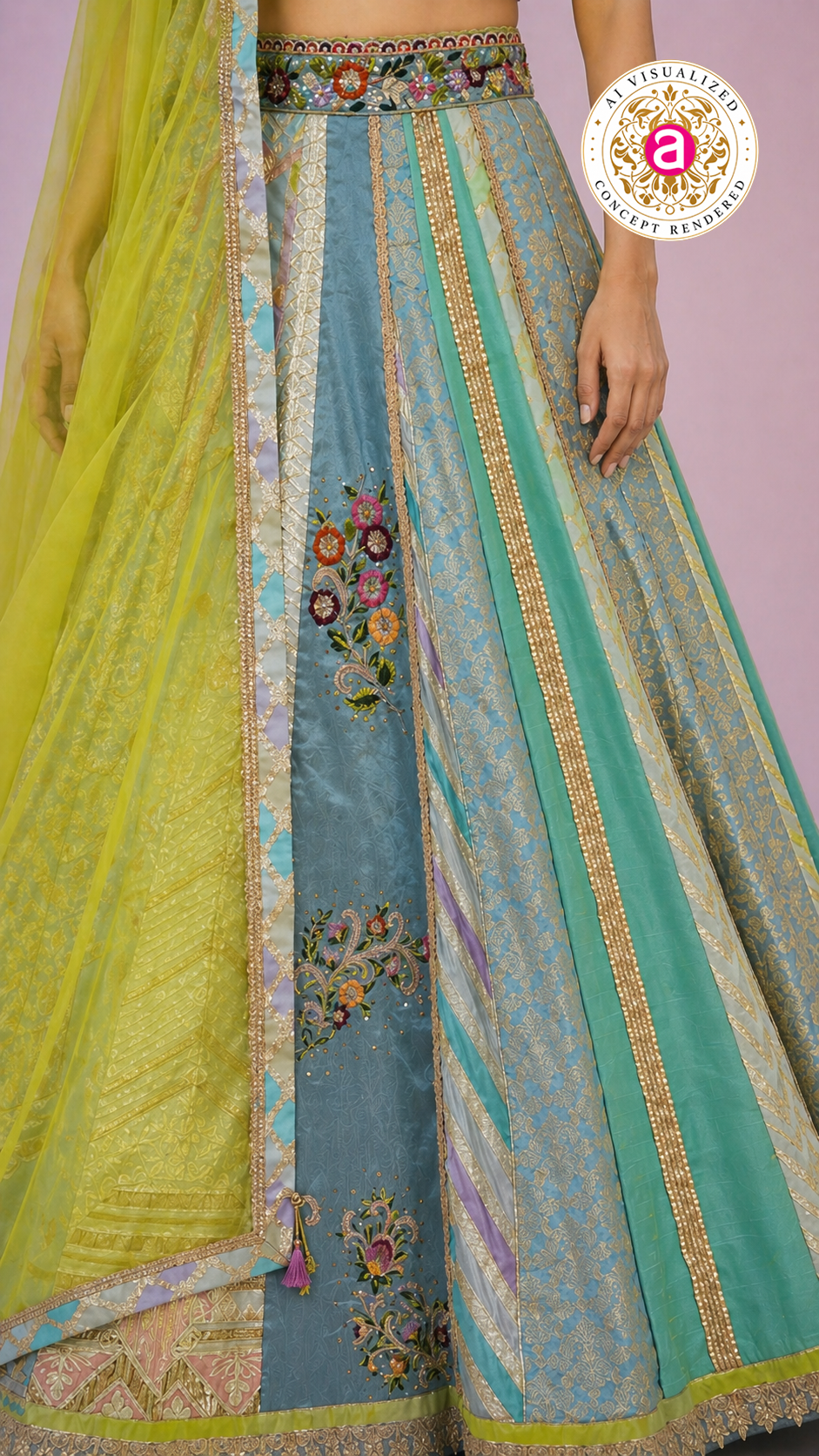 Pastel Blue & Lime Yellow Panelled Designer Lehenga Choli with Embroidered Blouse