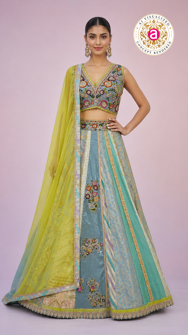 Pastel Blue & Lime Yellow Panelled Designer Lehenga Choli with Embroidered Blouse