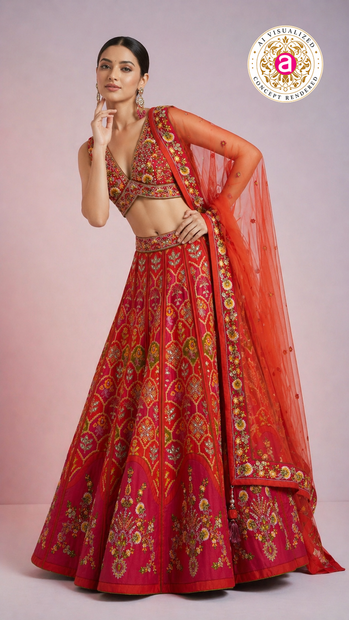 Red Floral Embroidered Designer Lehenga Choli with Organza Dupatta