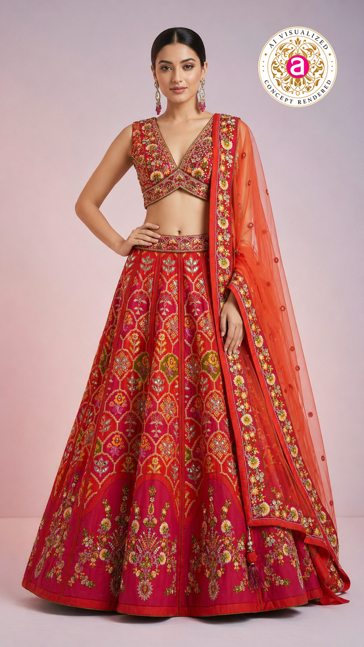Red Floral Embroidered Designer Lehenga Choli with Organza Dupatta