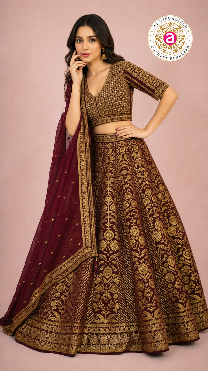 Maroon & Gold Banarasi Designer Lehenga Choli with Woven Dupatta
