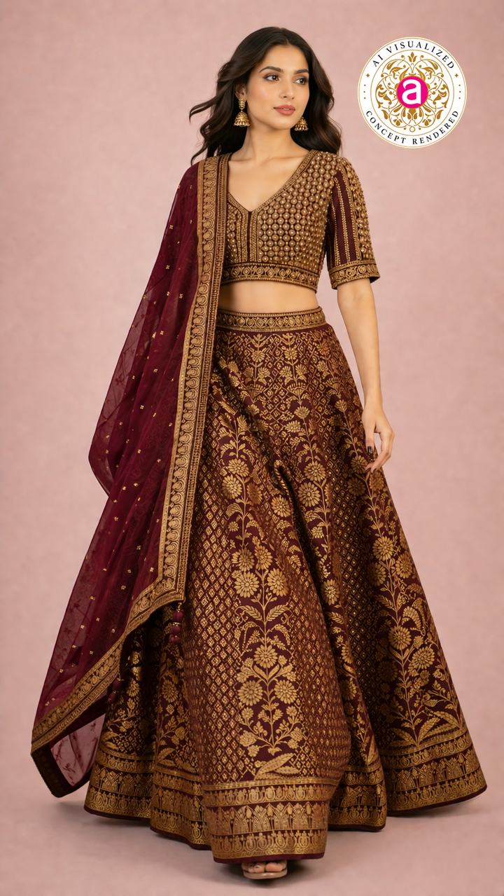 Maroon & Gold Banarasi Designer Lehenga Choli with Woven Dupatta